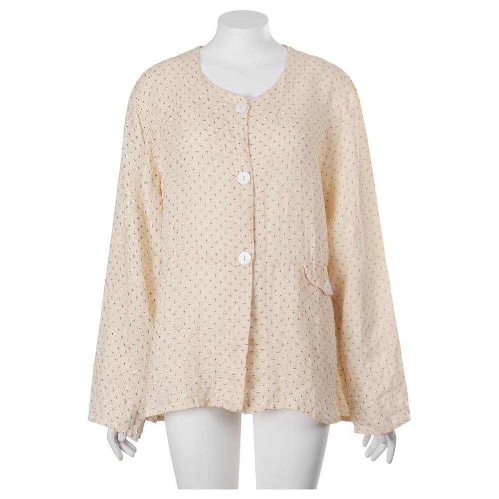 FLAX Top M Cream Brown 100% Linen Dot Print Button Up Long Sleeve Blouse
